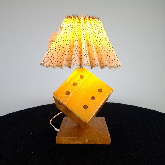 Image 1 of Vintage wooden dice lamp base with pleated shade, 1970s