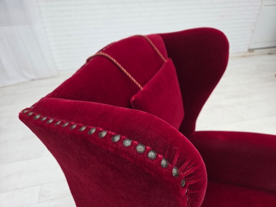 Image 1 of 1960s, Danish highback wingback armchair, cherry-red furniture velour.