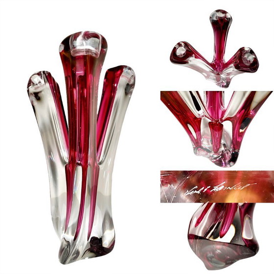 Image 1 of Paire de chandeliers en cristal Val St Lambert - Art verrier de René Delvenne - Bougeoir et vase à bourgeon vintage VSL Belgique