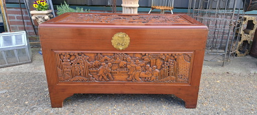 Chinese Wood Carving Box, Crested Box, Blanket Box Dimensions 101x51cm and 59cm High