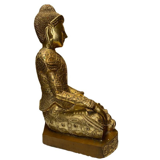 Estatua antigua de Buda Mandalay birmano – Madera dorada con incrustaciones de vidrio – Myanmar ca. 1880–1920 (photo 3 of 10)