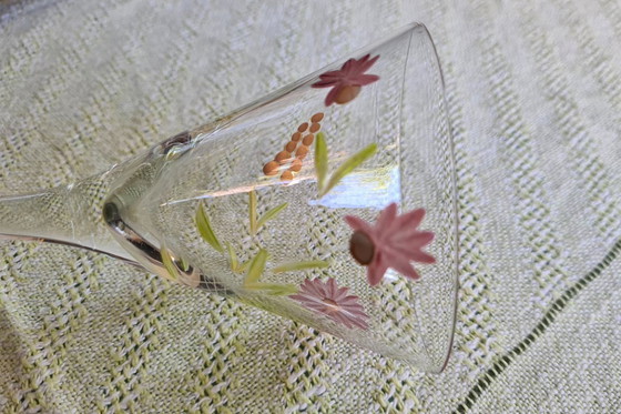 Image 1 of 6x Theresienthal meesterglas glazen op hoge steel, met goud, roze en lindegroen