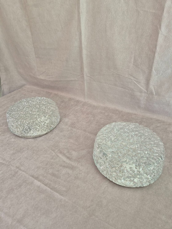 Image 1 of Pair of Glashütte Limburg 2791 Textured Ice Glass Flush Mount Ceiling / Wall Lights, Black Base, E27, Ø24.5 cm, Germany