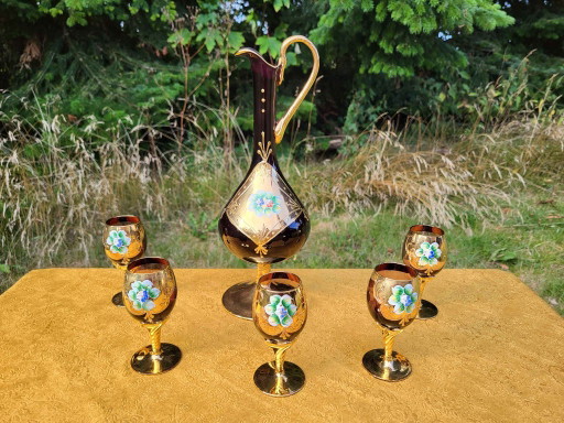 Juego de Decantador Vintage Murano Hecho a Mano "Tre Fuochi" Amatista y Licor de Oro 24K