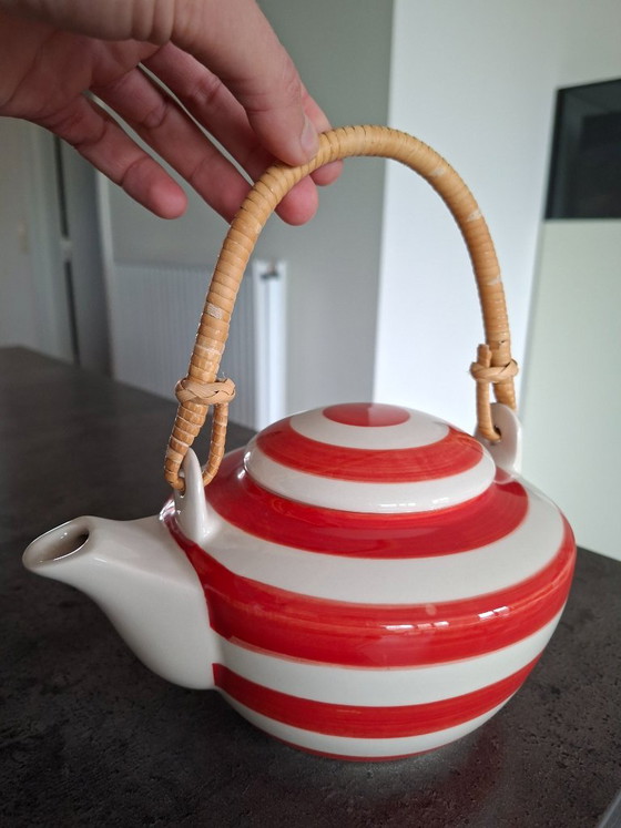 Coral-beige striped teapot with rattan handle, Mount Everest Tea, Kitchen accessories, Ceramic, Red (photo 4 of 8)