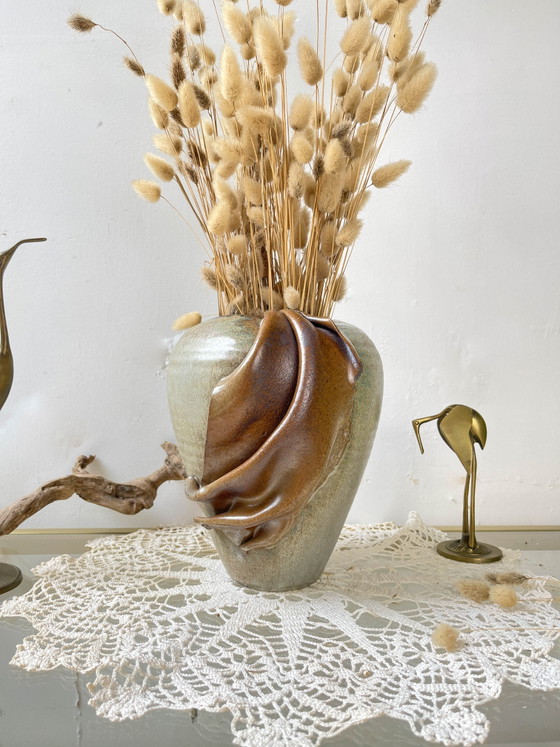 Vase Vintage en Grès avec Glaçure Effet Drapé (photo 2 of 14)