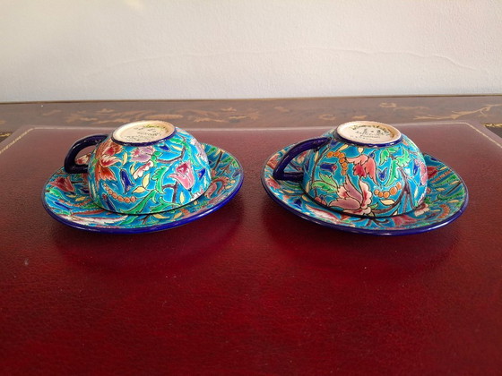 Image 1 of Tête à tête, Set bestehend aus 2 Teetassen und Untertassen aus Longwy-Emaille