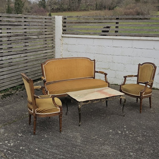 Image 1 of French Antique green Velvet Sofa - Solid Wood Lounge Seater-Claude Sené Style - Louis XVI-late 1900th