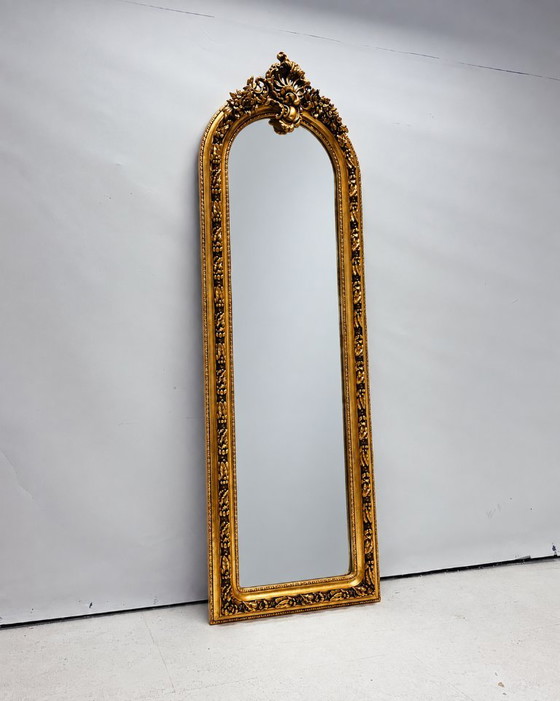 Large Golden Full-Length Mirror with Ornate Crest – Green Square, Wood, Vintage (photo 8 of 8)