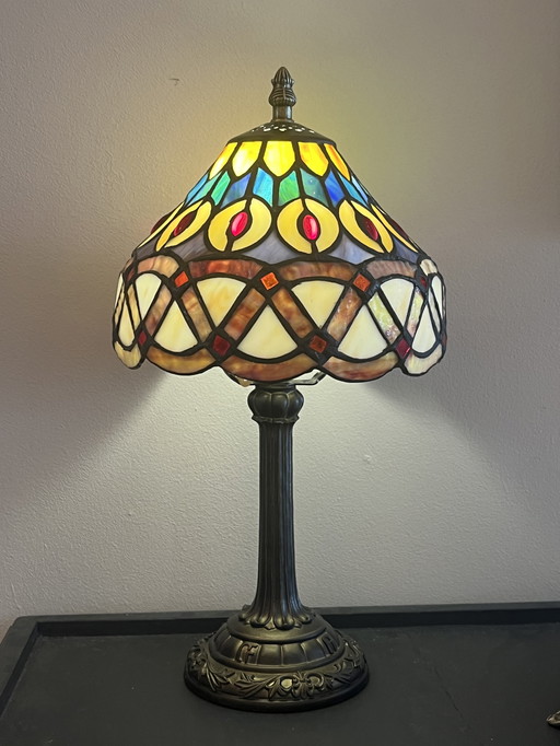 Stained Glass Tiffany 1920s Style Table Lamp Peacock Feather Motif