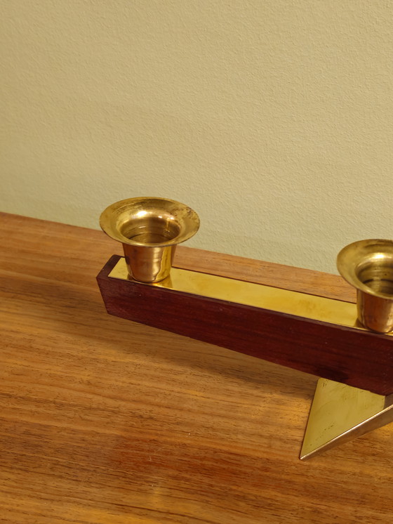 Image 1 of Vintage Teak Teak Wood Brass Candlestick Candle Holder