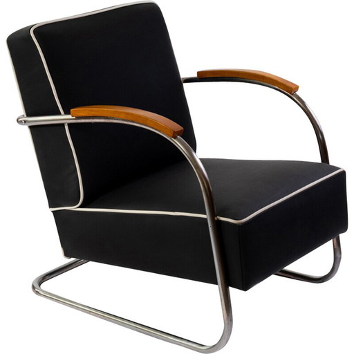 Poltrona vintage Bauhaus in acciaio cromato e legno di Mücke e Melder, 1930