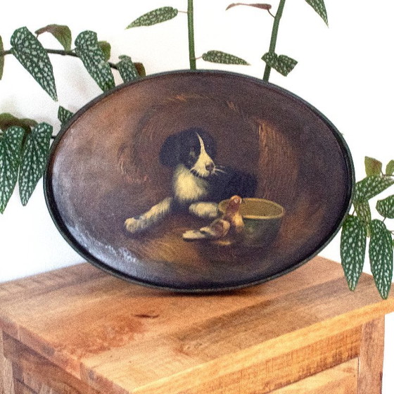 Image 1 of Vintage handbeschilderd houten dienblad met hond en duif