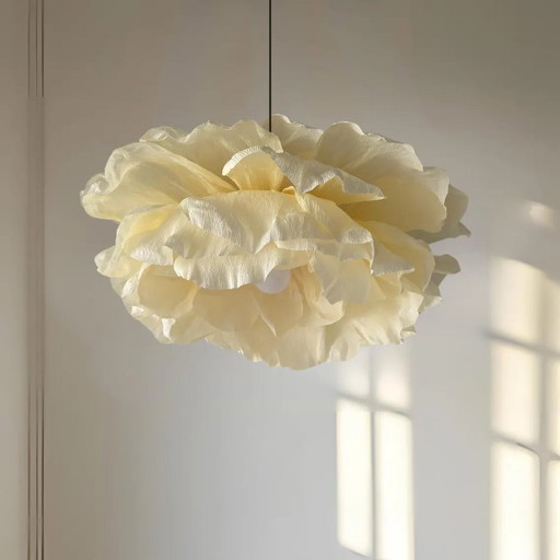 Rustic Cream Flower Chandelier – Handmade Crepe Paper Light Fixture – Farmhouse Entryway Lighting – Boho Floral Pendant