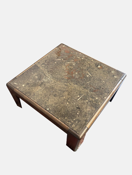 Antieke Salontafel Fossiel Blad Steen Met Houten Poten
