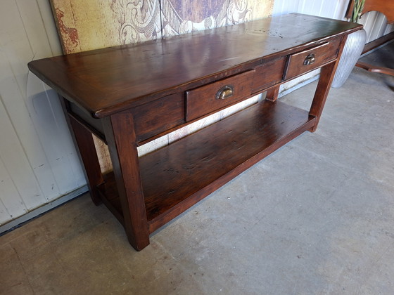 Image 1 of Low teak side table, console table. Console TV unit dimensions: 142x40cm and 60cm high.