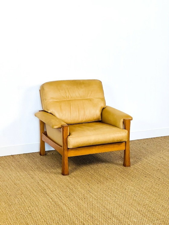 Image 1 of Ensemble de salon complet en cuir naturel et chêne, 1960, Set de 3