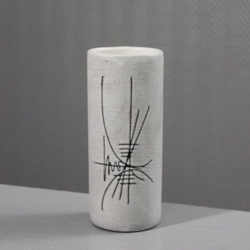 Henri Cimal in Vallauris - Matte white scroll vase with abstract incised decor 1950s