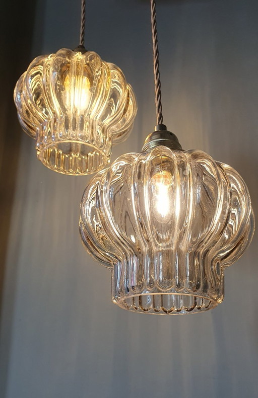 Set of two vintage floral pendant lamps in lantern shape. Mid Century