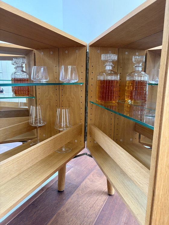 Image 1 of Bolia Oak Bar Cabinet with Glass Shelves & Mirror Interior