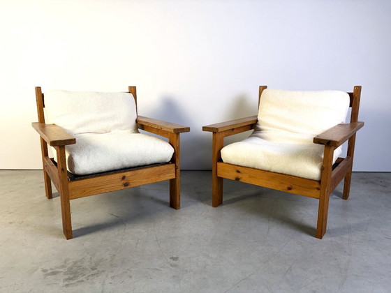 Pair of pine wood boucle fabric armchairs, 1980s, Textile, Brown, Mid Century Modern (photo 9 of 9)