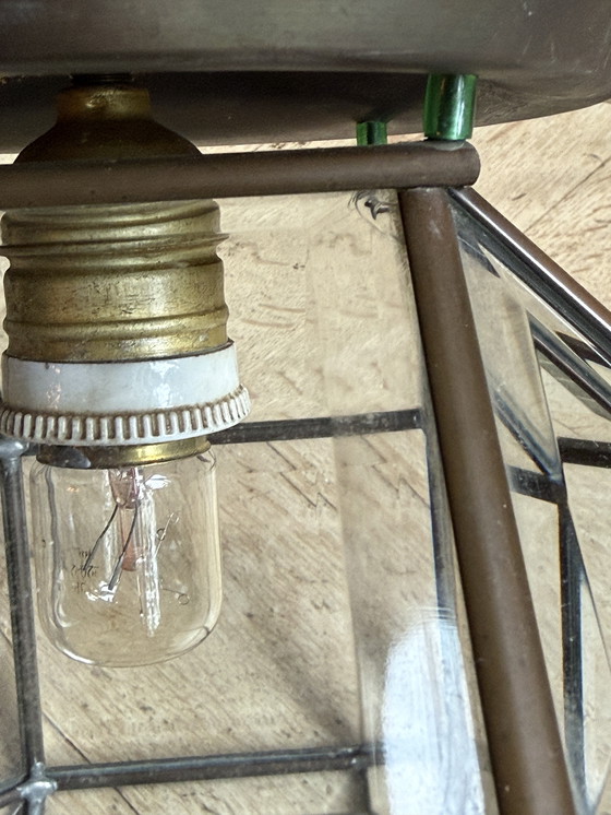 Image 1 of Amsterdamse School lantaarnlamp,messing/koper,facet geslepen glas
