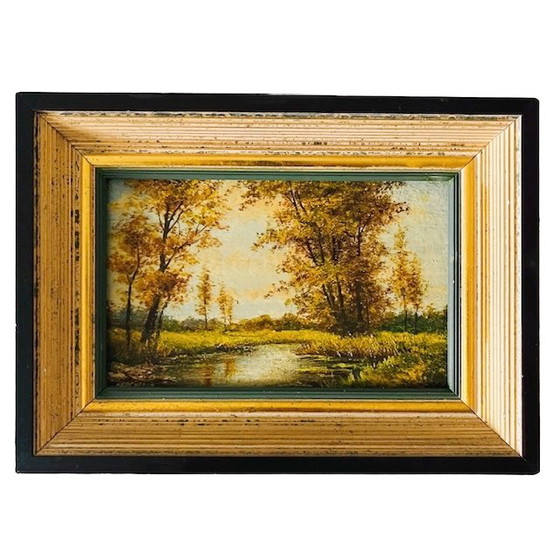 Image 1 of Vintage forest landscape oil painting on stand signed 1960s