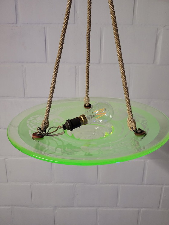 Image 1 of Very rare French Art Deco uranium chandelier from ca. 1925 by André Delatte with etched bird motif