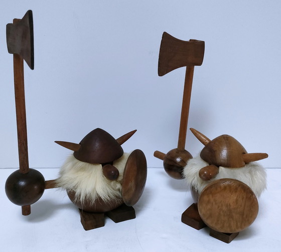 Image 1 of Three Wooden Vikings Scandinavian Design 70's