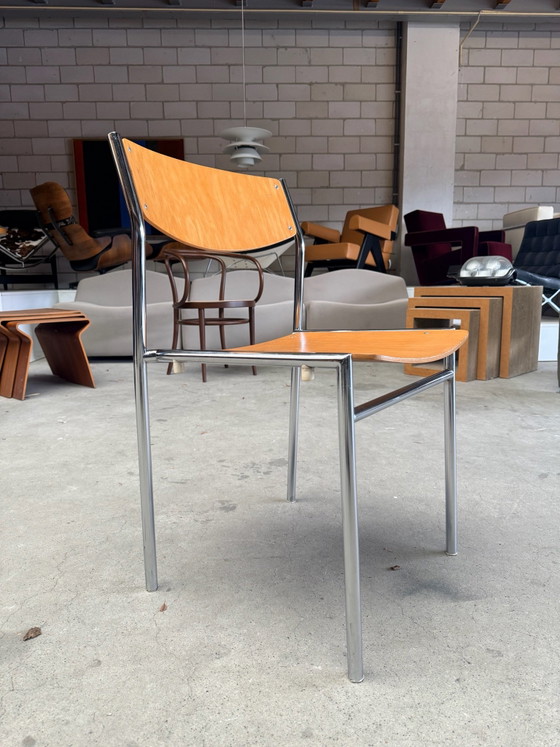Chaise empilable vintage Gijs van der Sluis (stock: 13), Chaises de salle à manger, Bois, Chrome, Marron (photo 7 sur 15)