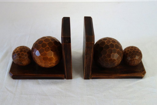 Pair of vintage wooden bookends with faceted balls