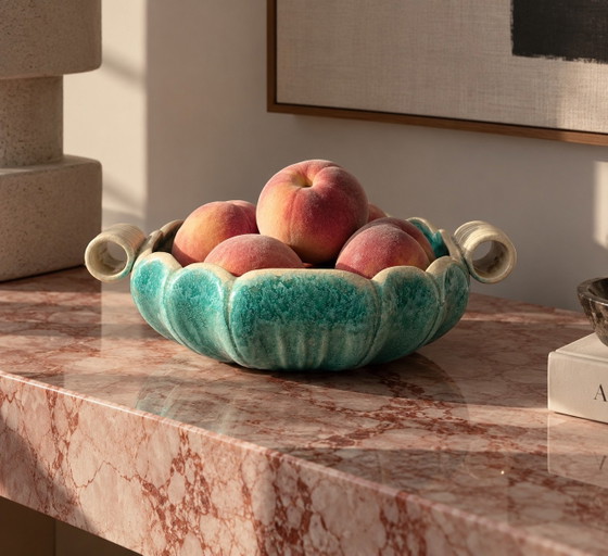 Faïenceries de Thulin, Art Deco Turquoise Ceramic Centrepiece with Drip Glaze, Belgium, circa 1930s (photo 2 of 13)