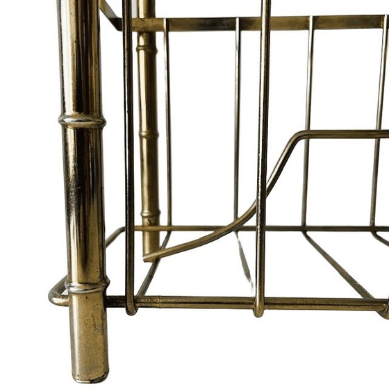 Image 1 of Vintage Hollywood Regency Faux Bamboo Newspaper Rack Magazine Basket Gold Metal Magazine Rack 1960s