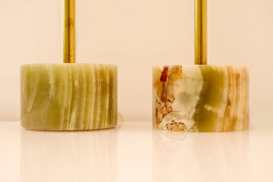 Image 1 of Mid-century modern Italian onyx and brass table lamps, set of 2
