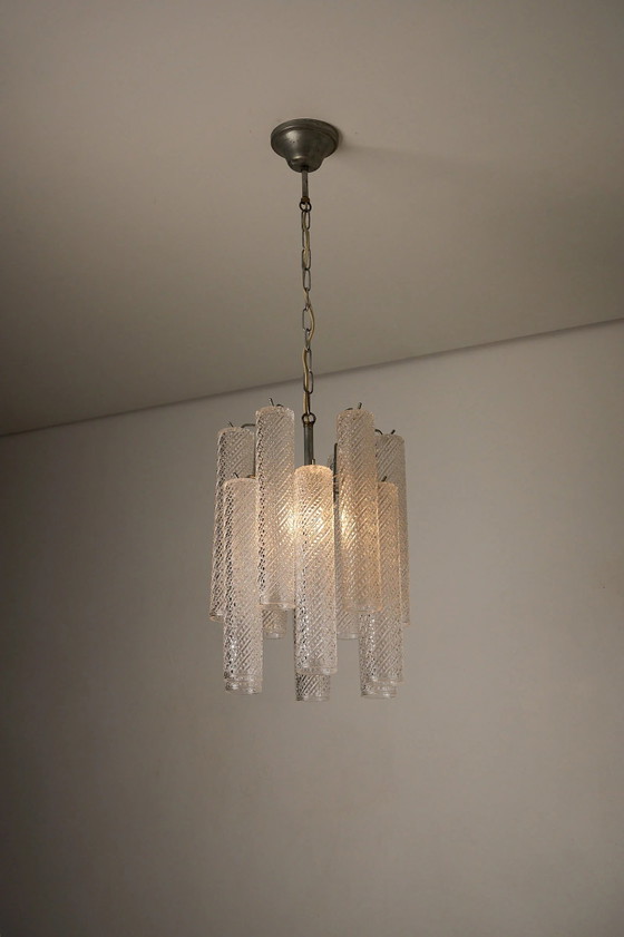 Lampadario in vetro a dodici tubi con motivo a spirale, Italia, anni '60, Plafoniere, Metallo (foto 5 di 9)