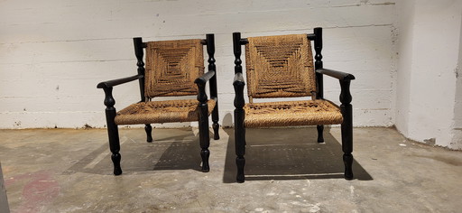 Ensemble de 2 chaises en bois et corde dans le style Adrien Audoux & Frida Minnet