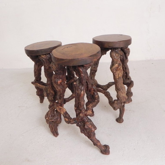 Image 1 of Ensemble de 3 tabourets de bar vintage en fibres végétales, années 1960