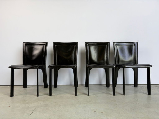 Vintage Zwart Lederen Eetkamerstoelen, Set Van 4 - Jaren 70 – Leather