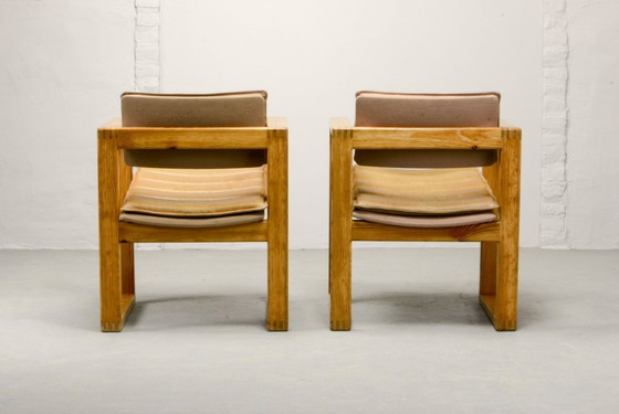 Image 1 of Mid-Century Pair of Dutch Design Camel Leather Cubic Pinewood Side Chairs by Ate van Apeldoorn for Houtwerk Hattem. 1960s.