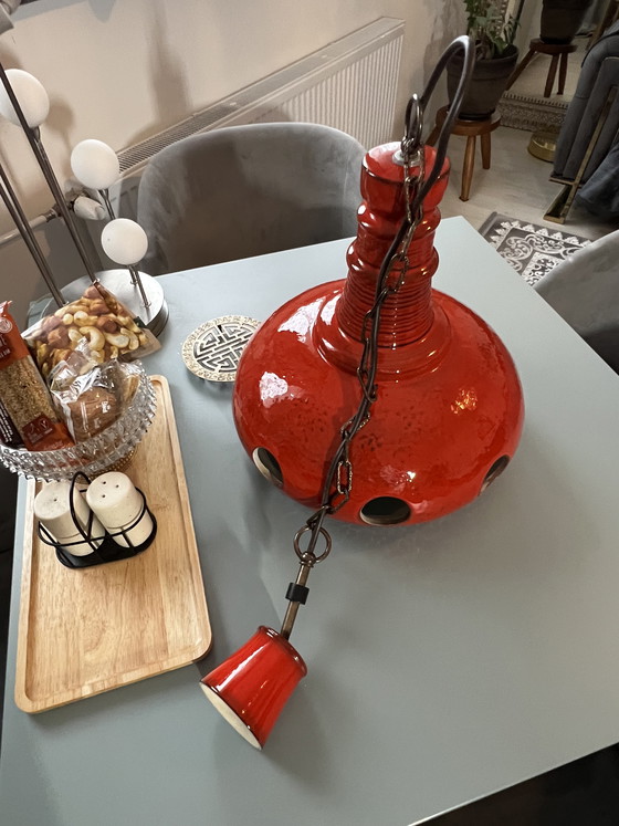 Image 1 of Suspension rouge en céramique émaillée style années 70, style FAT Era