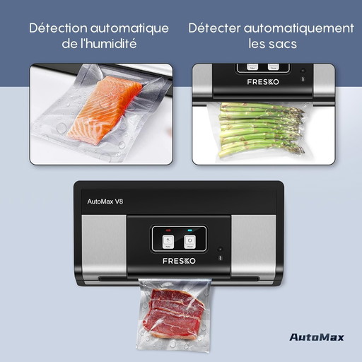 FRESKO Automatique Machine Sous Vide Alimentaire, 140 Watts, Machine Sous Vide Mains Libres, Détection Sec/Humide, Sac à 2 Roule