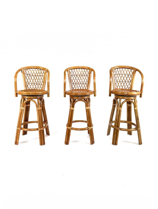Lot de 3 tabourets de bar vintage en rotin et sangle, années 70