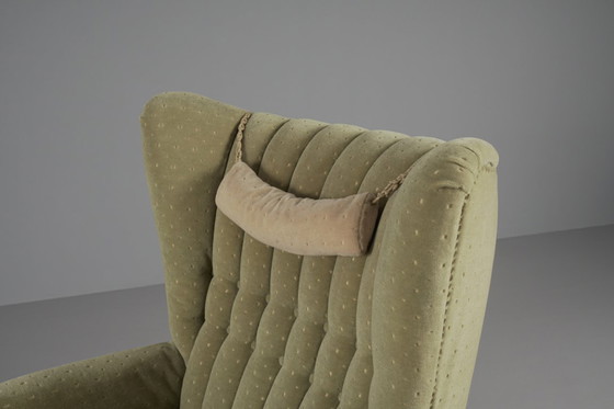 Image 1 of Large Green Italian Wood & Fabric Wingback Armchair, 1950s