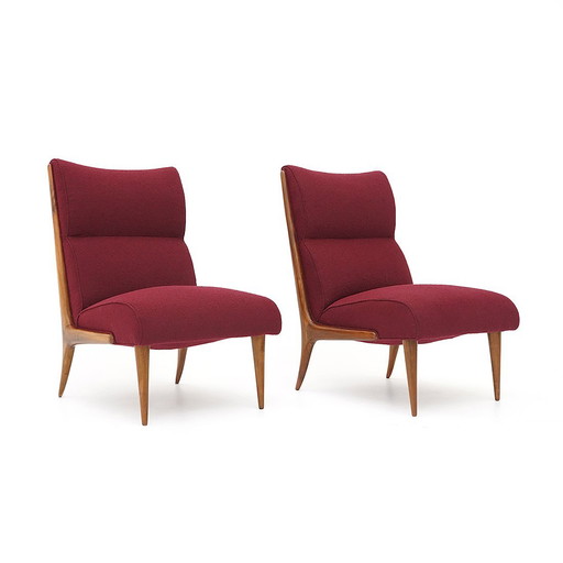 Pair of wooden and bouclé armchairs, 1940s