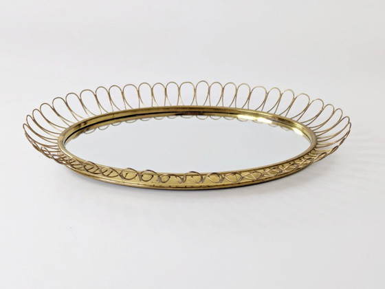 Image 1 of Midcentury Brass Oval Mirror in the Style of Josef Frank