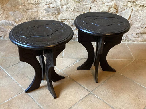 Two Tuareg side tables in wood and embossed leather