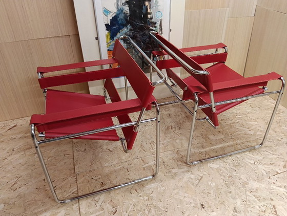 Image 1 of KNOLL Studio Set van 2 WASSILY B3 fauteuils (NIEUW) in rood leer