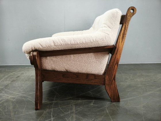 Image 1 of Brutalist Solid Oak and Bouclé Three-Seat Sofa, Czechoslovakia 1970s