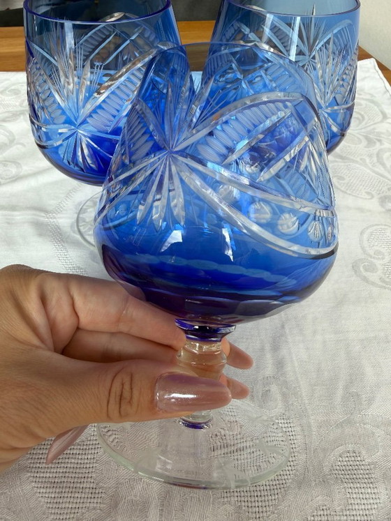 Image 1 of 3 millésimes Römer Kristall Cognacschwenker Bleikristall Blau Handgeschliffen