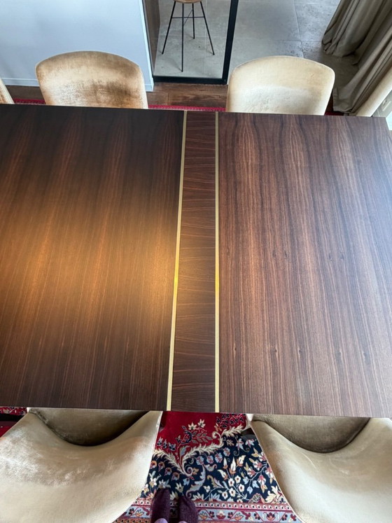 Image 1 of Tavolo da pranzo su misura in legno di macassar abbinato a 8 sedie e tappeto iraniano coordinato.